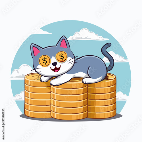 Cartoon Cat with Dollar Coins in Eyes Sitting on Stack of Gold Coins