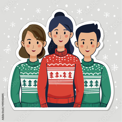 Three friends wearing festive Christmas sweaters with snowflakes