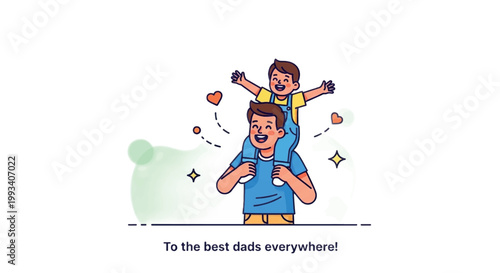 Father and child illustration, happy dad with kid on shoulders, Father's Day vector, family love