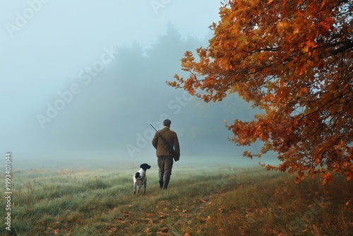 Man Walks With Dog in Morning Fog on a Hill at Sunrise in Open Field
