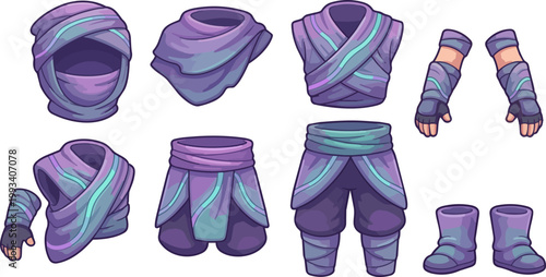 Purple fantasy costume clothing set pieces.