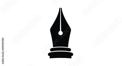 A minimalist black silhouette depicts the nib and section of a classic fountain pen isolated on white