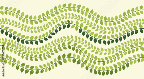 Wavy Green Leaf Vines Pattern on a Light Background.