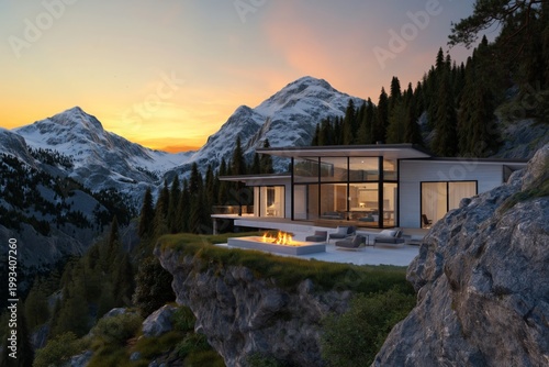 Modern House on Cliff With Mountain View During Sunset in a Remote Location