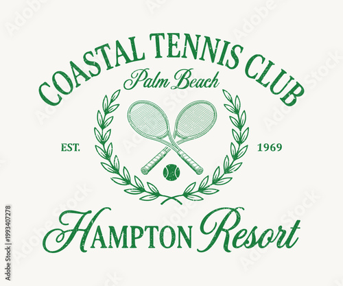 Vintage Coastal Tennis Club Hampton Resort Illustration - Retro Palm Beach Est. 1969 Athletic Graphic with Crossed Rackets, Tennis Ball, and Laurel Wreath - Classic California Collegiate Varsity Style
