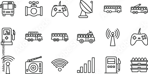 Transportation, Communication, and Technology Icon Set Featuring Buses, Satellite, WiFi, and Radio for Travel, Connectivity, and Devices Designs