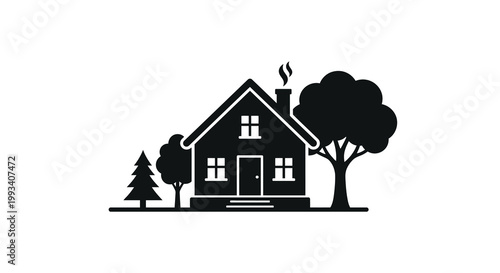 Simple house with a tree and chimney a dark outline silhouette