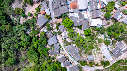 Schilderij op canvas Houses in Fercal, working-class town dependent on the cement industry, which relies on the extraction and processing of limestone from mines at Cafuringa Environmental Protection Area