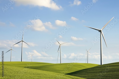 Wind Turbines Stand Tall in Green Fields Under a Blue Sky With Clouds on a Su...