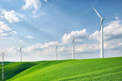 Wind Turbines Stand Tall in Green Fields Under a Blue Sky With Clouds on a Su...