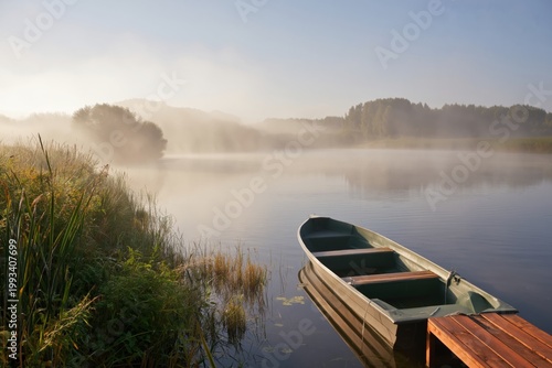 Morning Fog Covers a Calm Lake With a Small Boat Near the Shore in a Rural Area