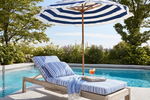 Sunny Day by the Pool With Striped Lounge Chair and Drink Under Umbrella
