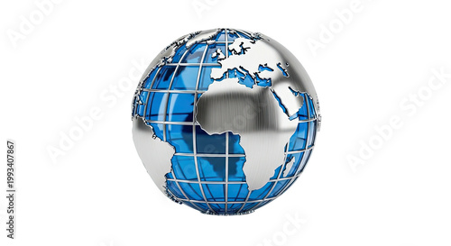 A metallic globe with silver continents outlined on a blue-glass sphere, isolated on black