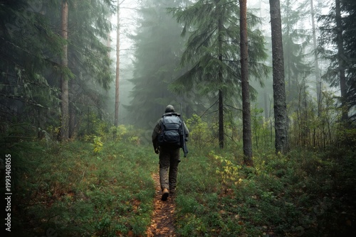 Hiker Walks Along a Narrow Path in a Dense Forest on a Foggy Morning