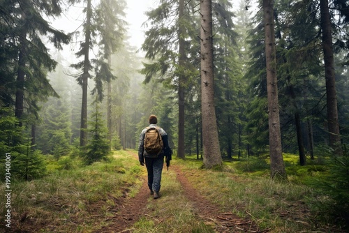 Hiker Walks Along a Narrow Path in a Dense Forest on a Foggy Morning