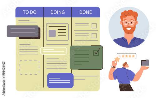 Project management, workflow organization, customer satisfaction, task analysis, productivity, time management. A Kanban board alongside a man giving a five-star review. Project management