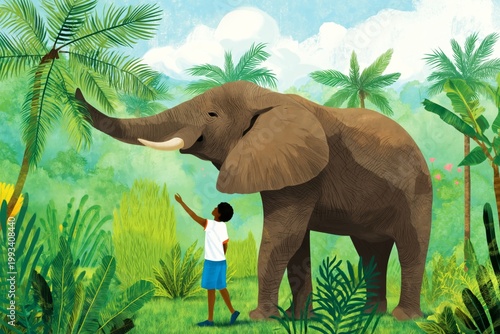 Child Interacts With an Elephant in a Tropical Jungle Setting With Greenery a...