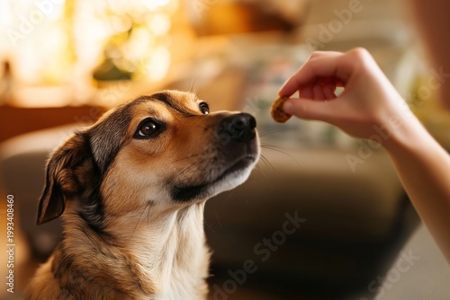 Dog Receives Treat From Person in Cozy Living Room During Daylight Hours