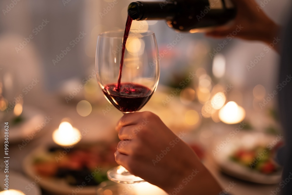 Fototapeta premium Wine is Poured Into a Glass During a Dinner Gathering With Friends at Home