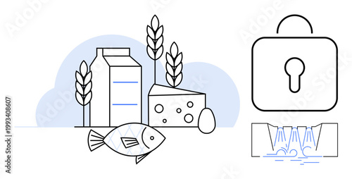 Food safety, sustainable agriculture, nutrition security, dietary conservation, food protection, resource management. Milk carton, fish cheese wheat padlock symbol water pipeline. Food safety