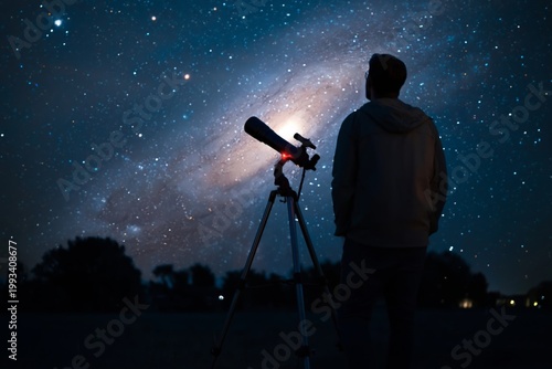 Looking at Stars With Telescope in Dark Night Sky Above Desert