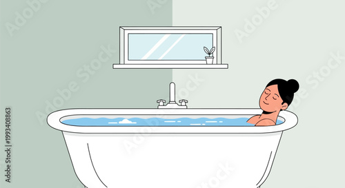 Woman enjoying a relaxing bath in a modern bathroom.