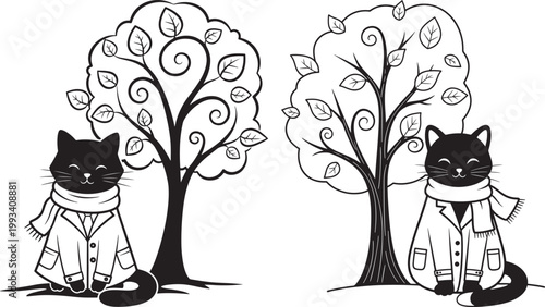 Two black cats wearing scarves sitting by trees with black cat line art illustration clothing whimsical domestic outdoors minimalist characters companions peaceful friendly