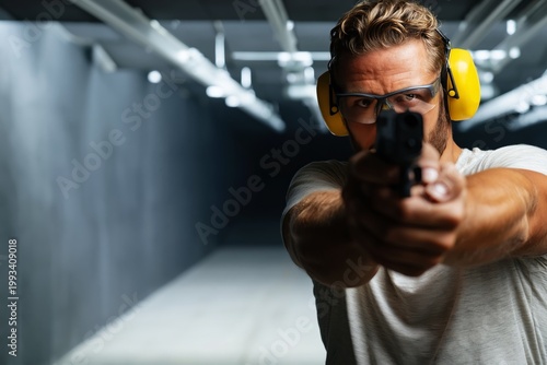 Man Practices Shooting at Indoor Range While Wearing Safety Gear and Aiming a...