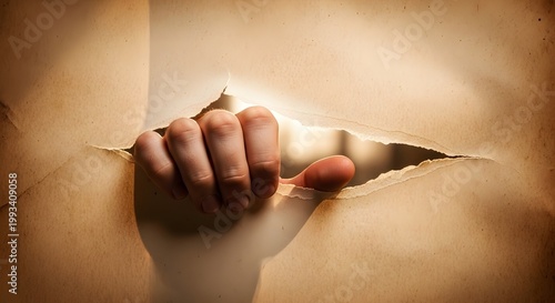 Surreal Image Of Human Hand Emerging From Torn Paper Surface