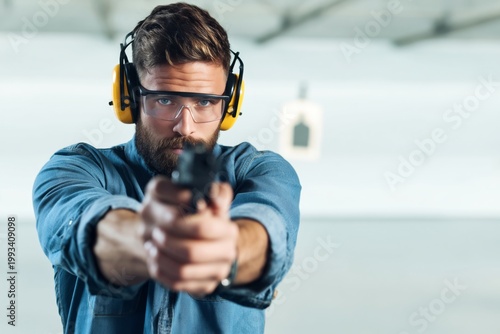 Man Practices Shooting at Indoor Range While Wearing Safety Gear and Aiming a...