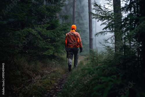 Walking on a Forest Path in the Morning Fog Near Tall Trees