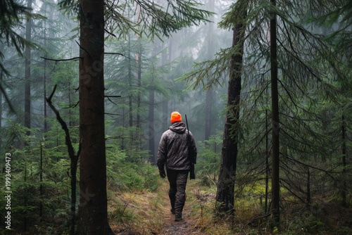 Walking on a Forest Path in the Morning Fog Near Tall Trees