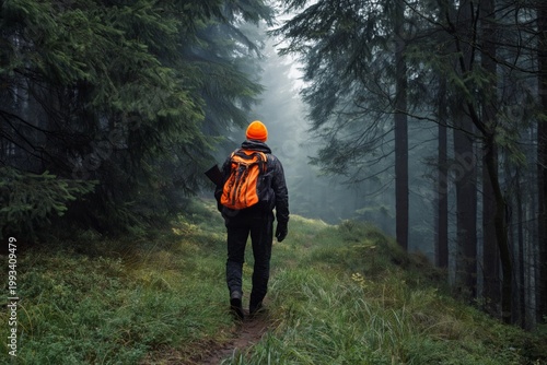Hiker With an Orange Backpack Walking on a Misty Trail in a Dense Forest Duri...
