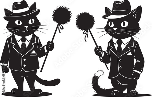 Two anthropomorphic black cats wearing suits and hats holding fluffy pom-poms formal wear anthropomorphic illustration whimsical stylized character friendship together gentleman silhouette