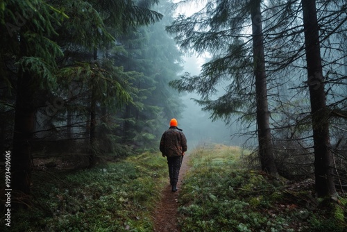Hiker With an Orange Backpack Walking on a Misty Trail in a Dense Forest Duri...