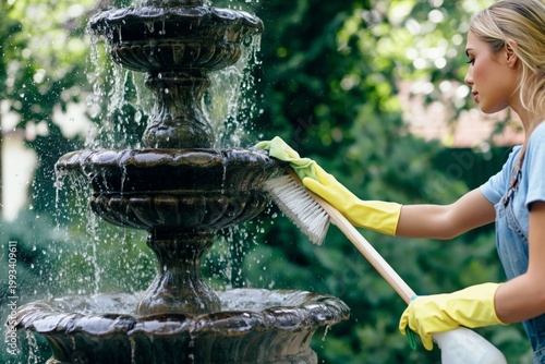 Woman Cleaning Fountain in a Sunny Garden With Green Trees Around Her