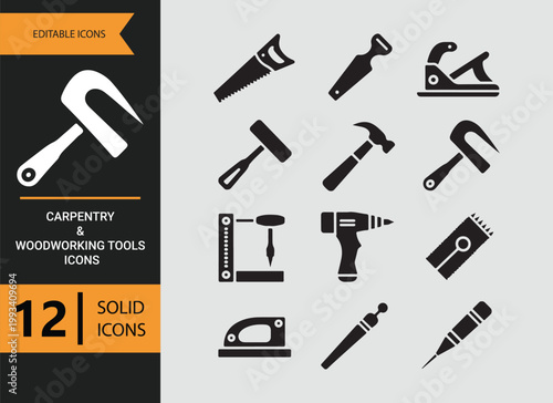Professional carpentry woodworking tools solid icons timber craft essentials