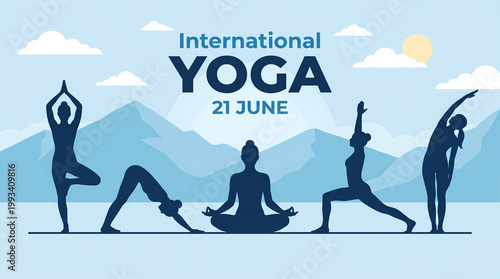 International Yoga Day wishes or greeting banner poster design with sun, cloud, and mountain, view, background, design, social, media, 21st june wishing, poster, banner, vector,