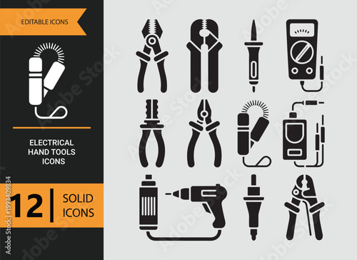 Electrician equipment hand tools solid icons wiring repair utility pack
