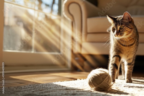 Cat Sitting by the Window Looking at the Sunlight With a Ball of Yarn Nearby ...