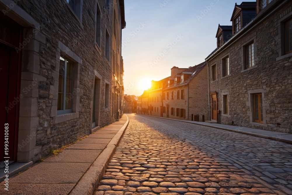 Fototapeta premium Sunrise Over Cobblestone Street in Old Town