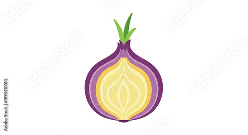 Cartoon-style cross-section of a purple onion, revealing layers and green sprouts