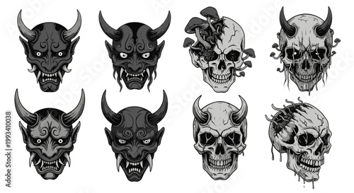 Gothic Tattoo Style Oni Masks and Skulls with Fungi and Horns Black and White