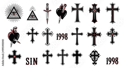 Gothic Tattoo Style Sacred Heart Dagger Eye of Providence and Cross Symbols
