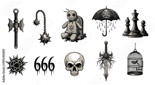 Gothic Tattoo Style Symbols and Objects Collection Skull Axe Mace Chess Pieces Voodoo Doll Birdcage Sword and 666