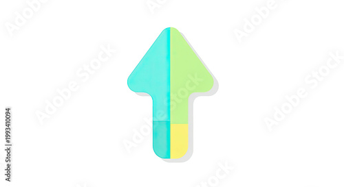 Flat, colorful arrow pointing upwards, split into pastel green, blue, and yellow shades against black