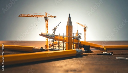 デスクの上で小さな建設工事をする鉛筆たちのシュールなミニチュア風景