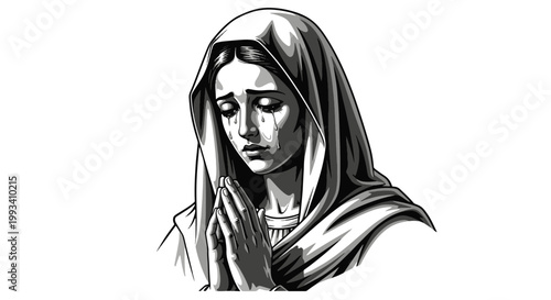 Melancholy Madonna with Gothic Tattoo Praying Hands and Tearful Eyes Stylized Religious Art