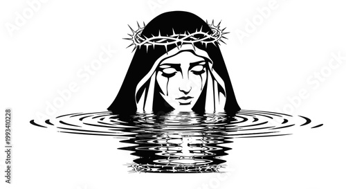 Mourning Virgin Mary with Crown of Thorns in Water Gothic Tattoo Style