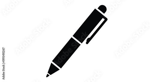 A minimalist black and white illustration depicts a single ballpoint pen angled slightly on a white background